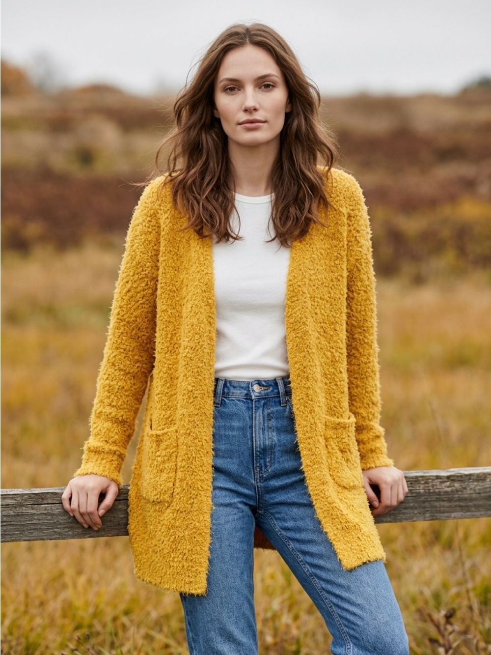 Love Tree Open-Front Popcorn Knit Cardigan Vibrant Mustard Yellow